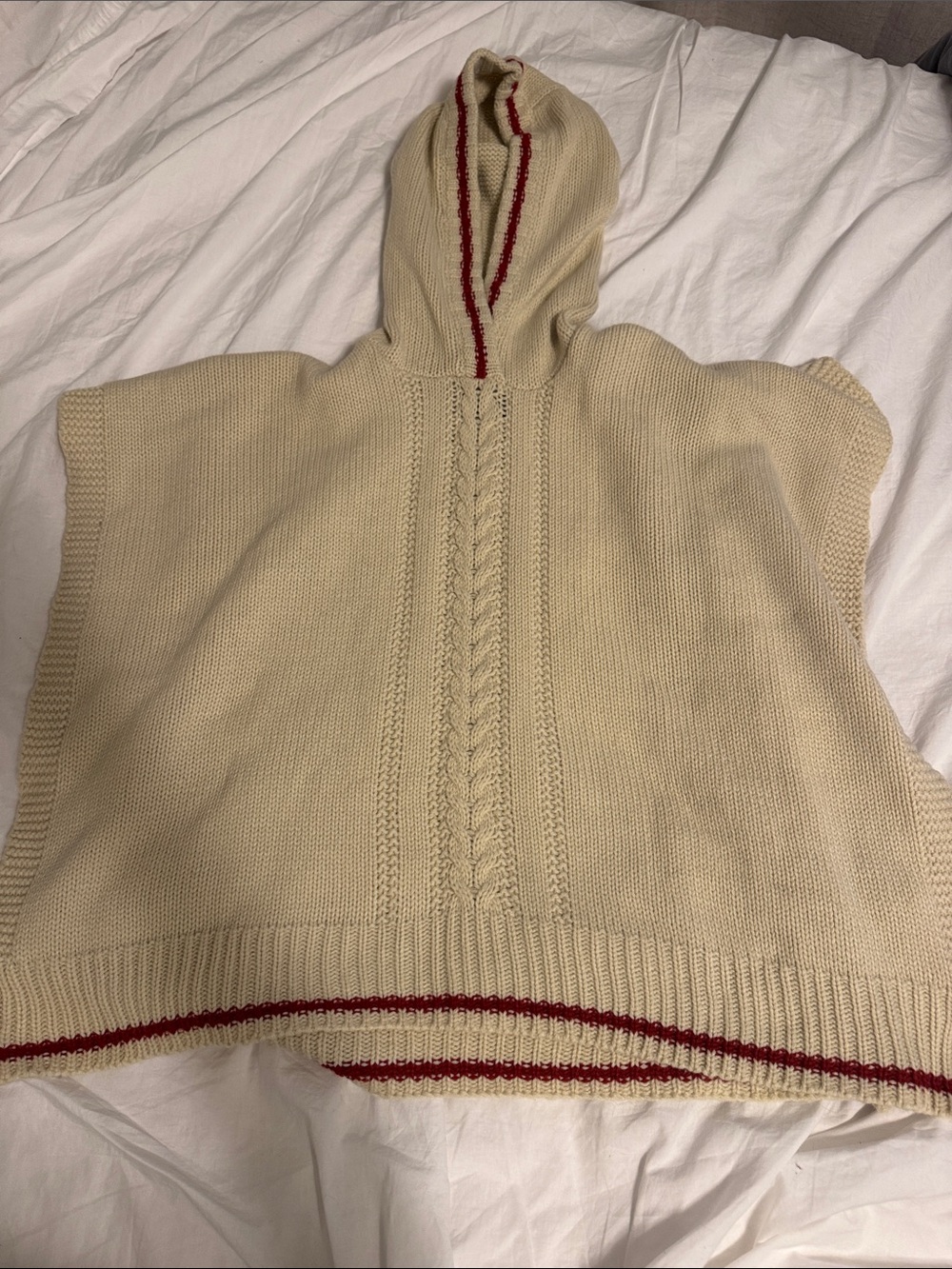Roots Cream Hooded Cable-Knit Poncho with Red Trim